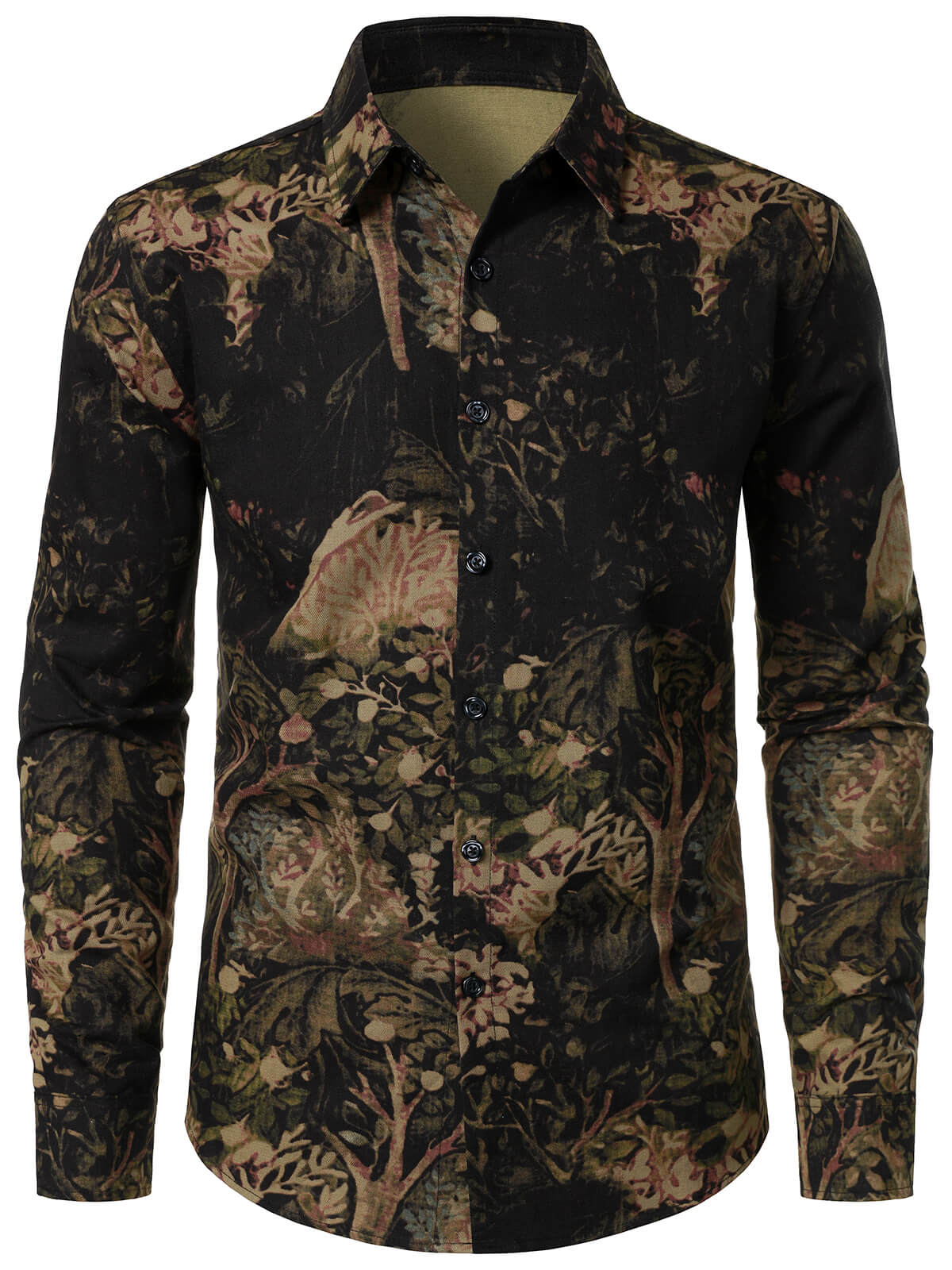 Men's Retro Plant Print Button Up Long Sleeve Shirt