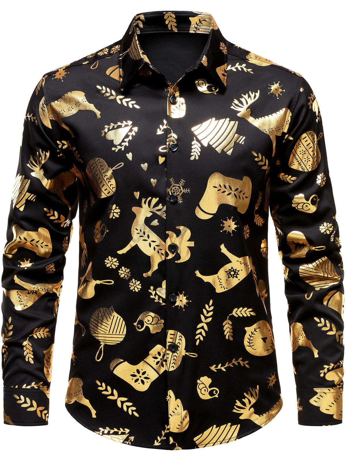 Men's Christmas Party Festive Shiny Gold Reindeer Stocking Print Long Sleeve Button Down Shirt