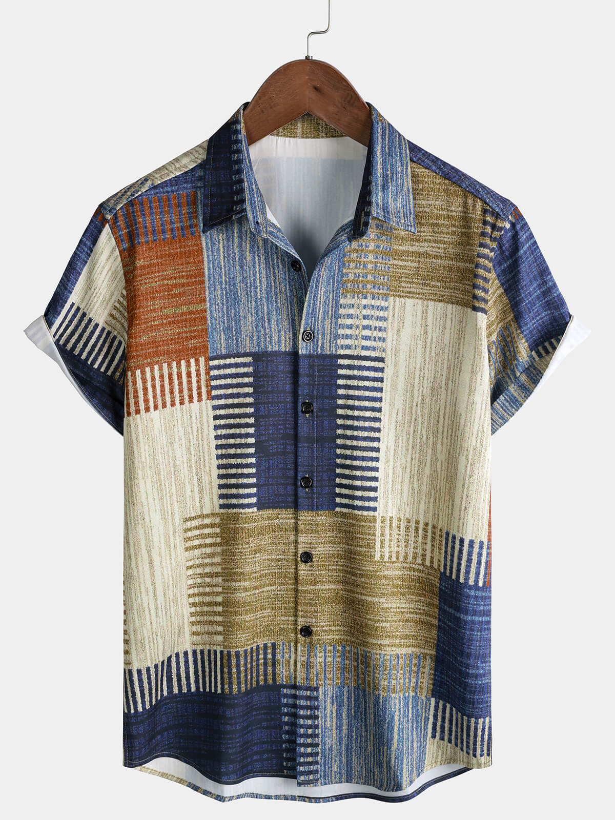 Men’s Vintage Earth-Tone Patchwork Plaid Short Sleeve Shirt