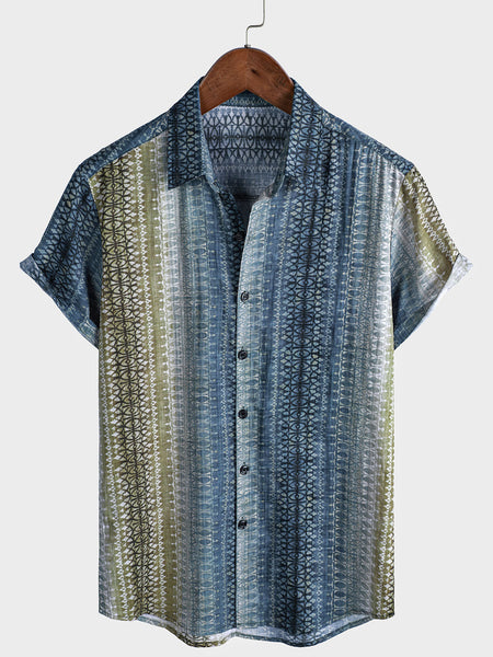 Men's Retro Gradient Striped Print Short Sleeve Shirt