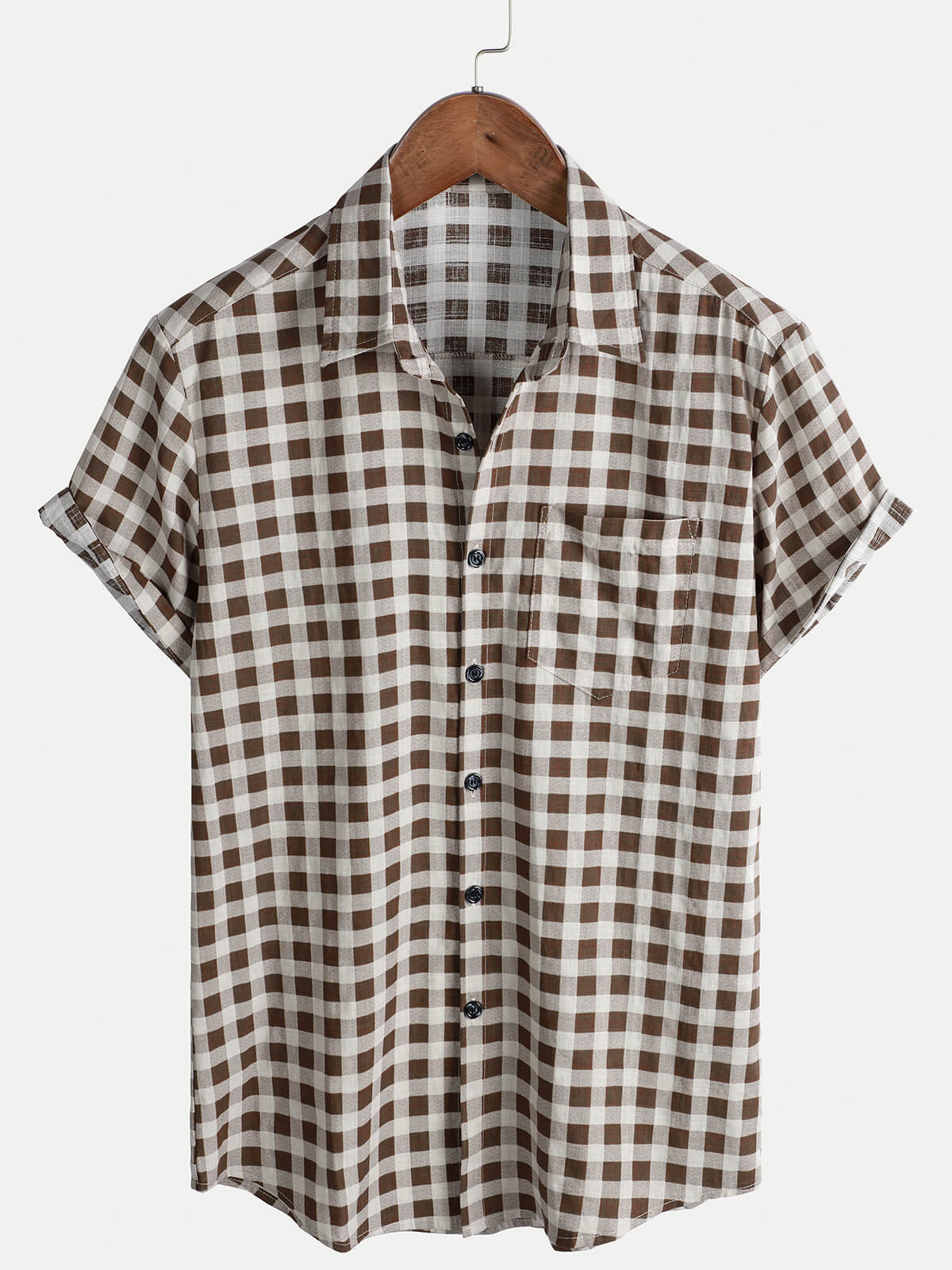 Men's Brown Check Print Cotton Pocket Short Sleeve Shirt