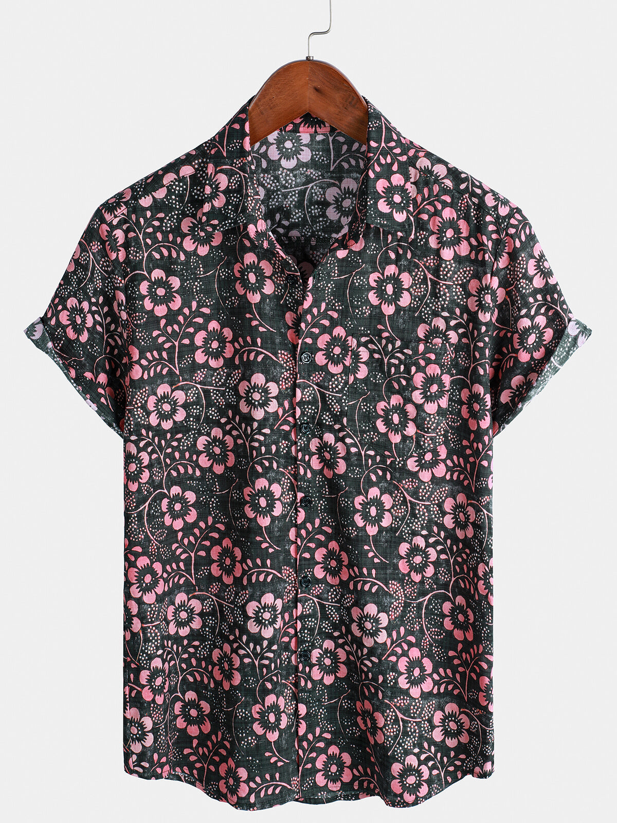 Men's Pink Floral Pocket Short Sleeve Hawaiian Shirt