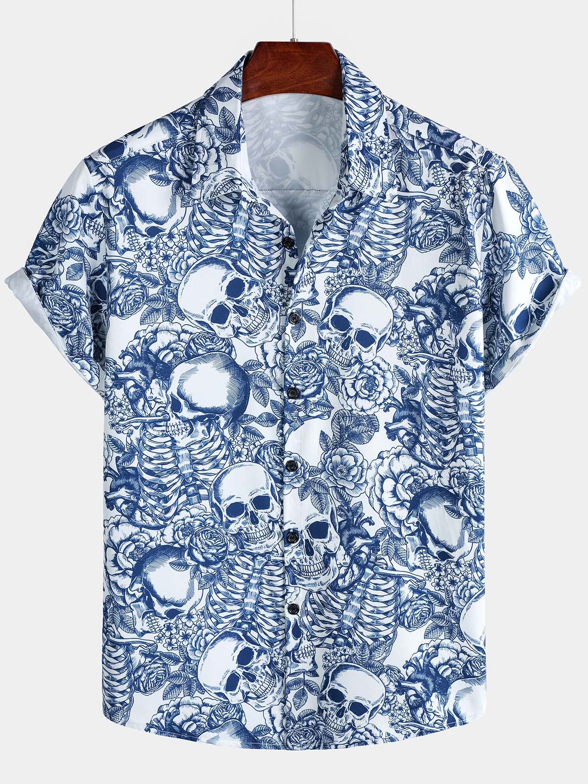 Men's Blue Flower Skull Graphic Button Up Short Sleeve Punk Rock Art Shirt