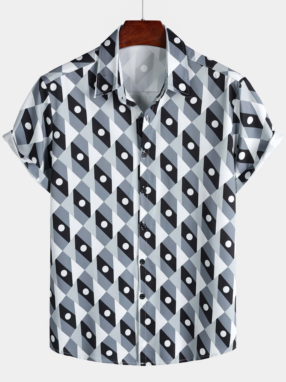 Men's Grey Geometric Graphic Leisure Coastal Weekend Travel Tropical Summer Shirt