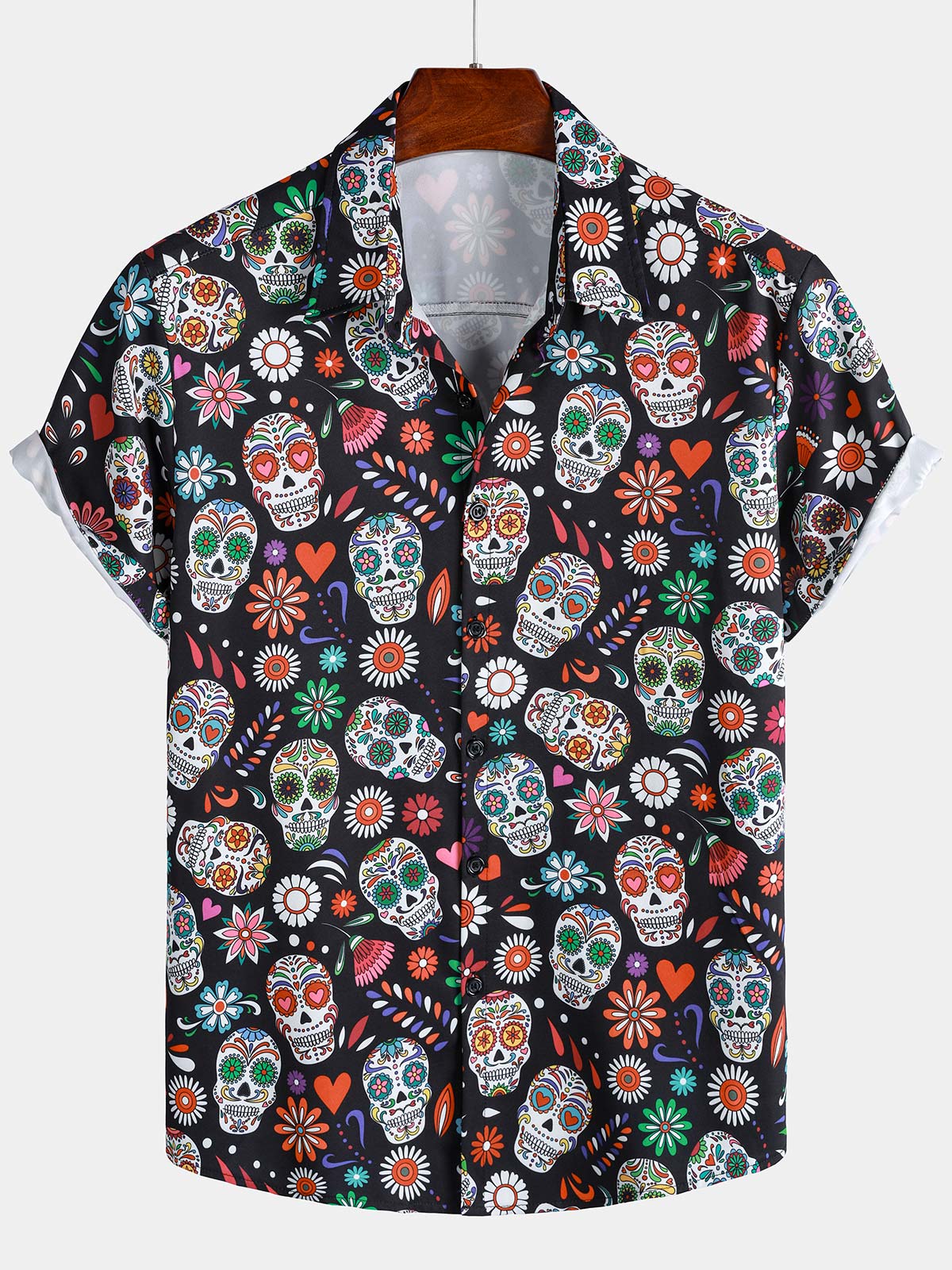 Men's Flower Skull Colorful Graphic Button Up Short Sleeve Punk Rock Art Shirt