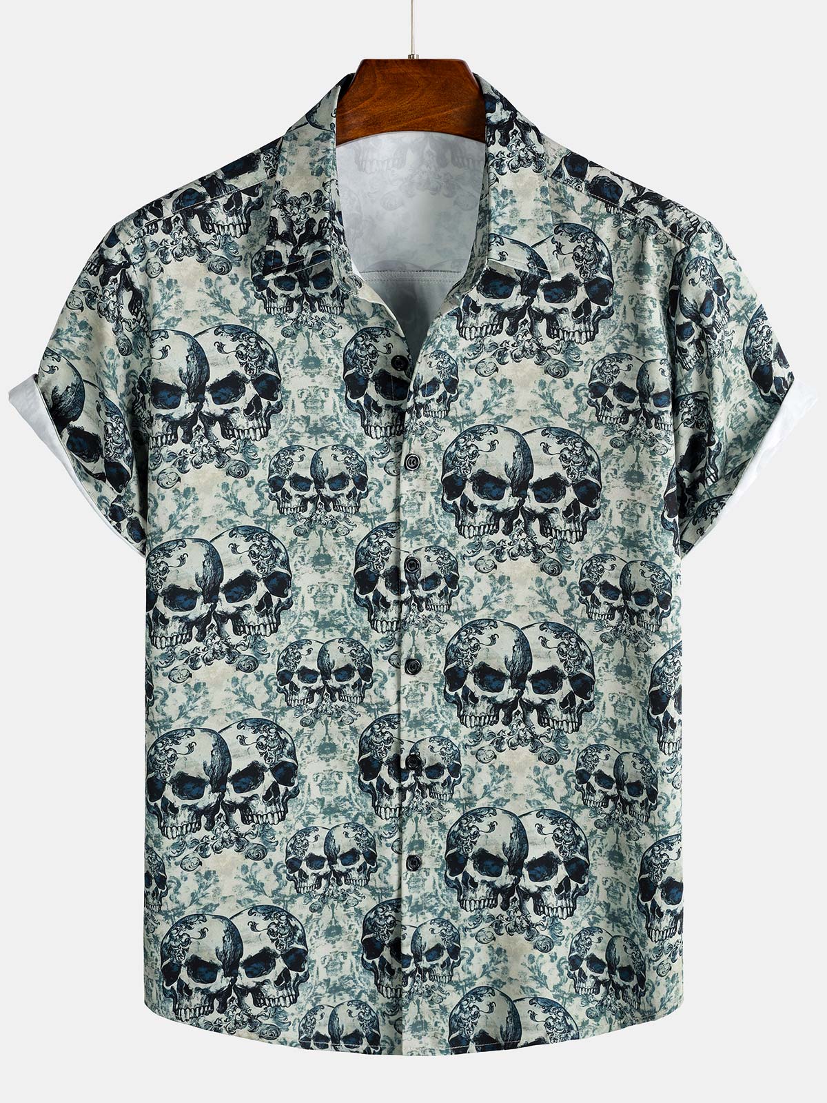 Men's Skull Cool Graphic Button Up Short Sleeve Punk Rock Art Shirt