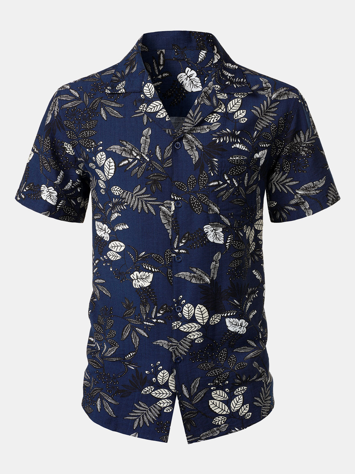 Men's Navy Blue Tropical Leaf Print Casual Hawaiian Shirt