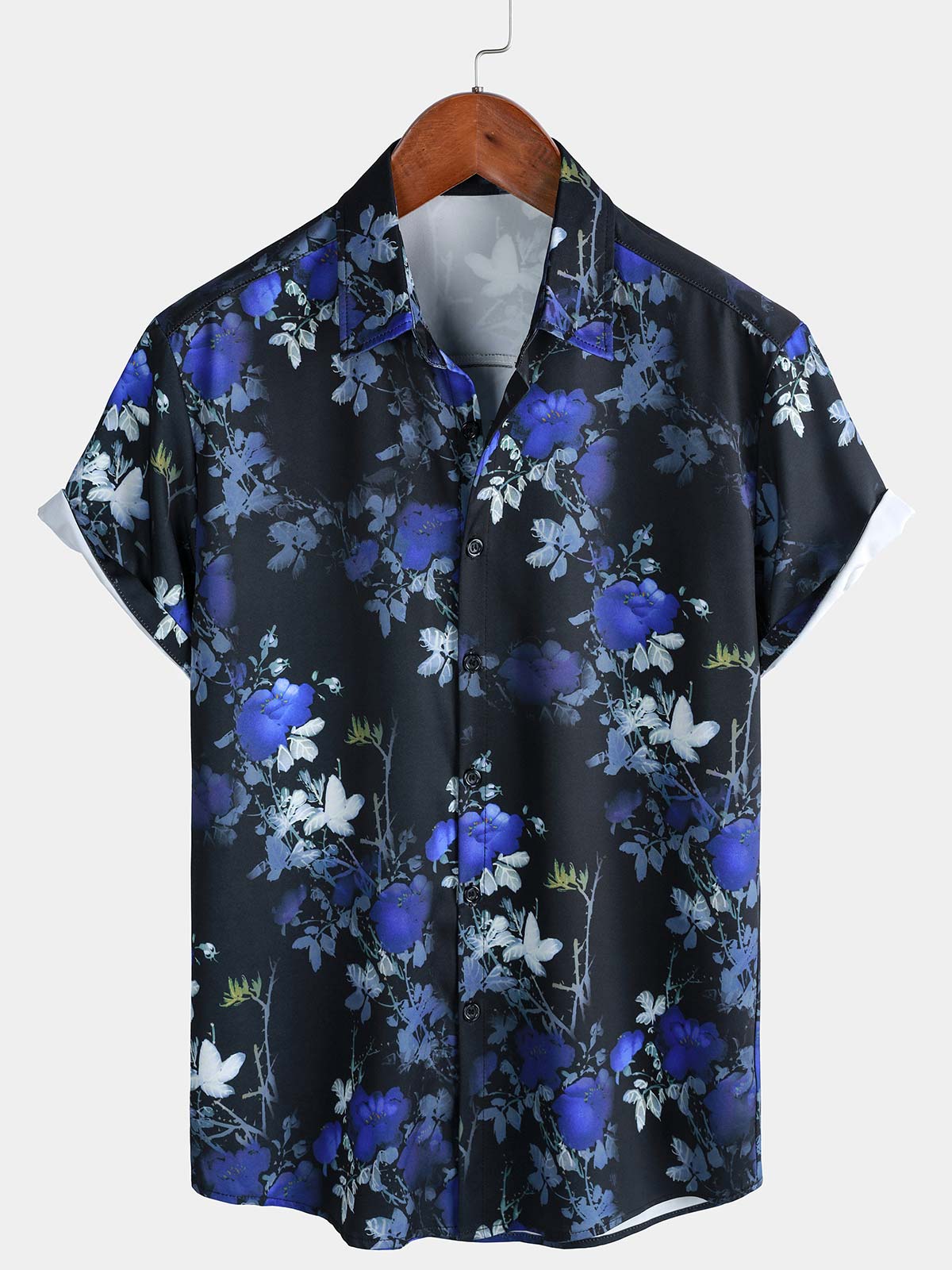 Men's Blue Rose Hawaiian Floral Print Short Sleeve Shirt