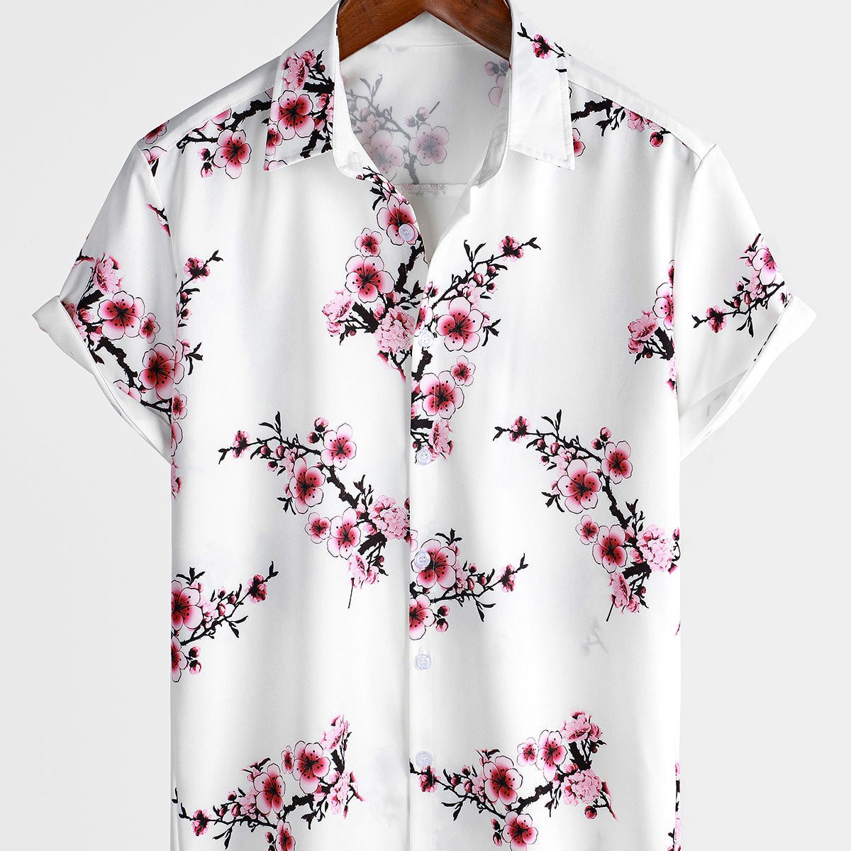 Men's Cherry Blossoms Floral Holiday Summer Short Sleeve Button Up Shirt