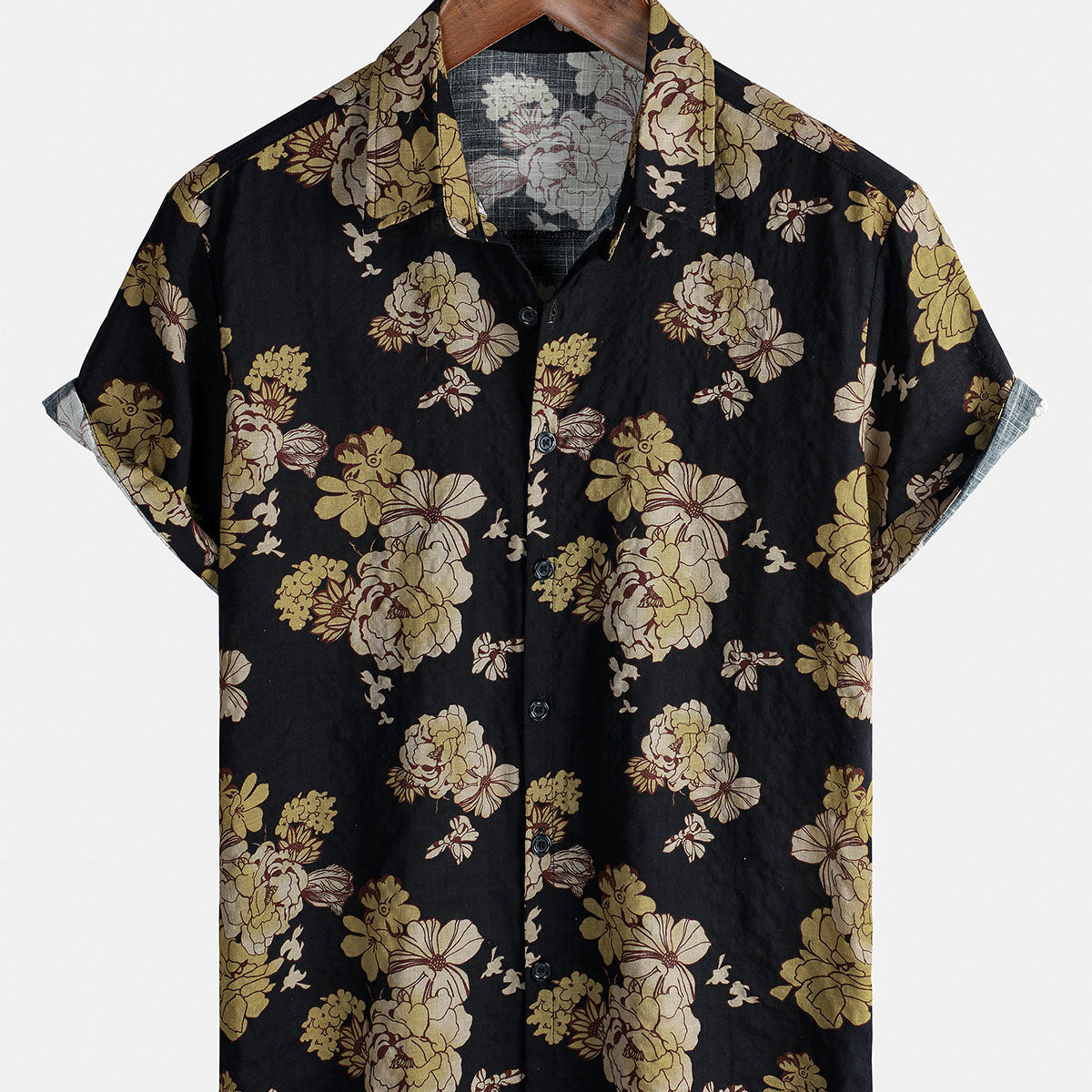Men's Casual Vintage Floral Cotton Camp Short Sleeve Button Up Shirt