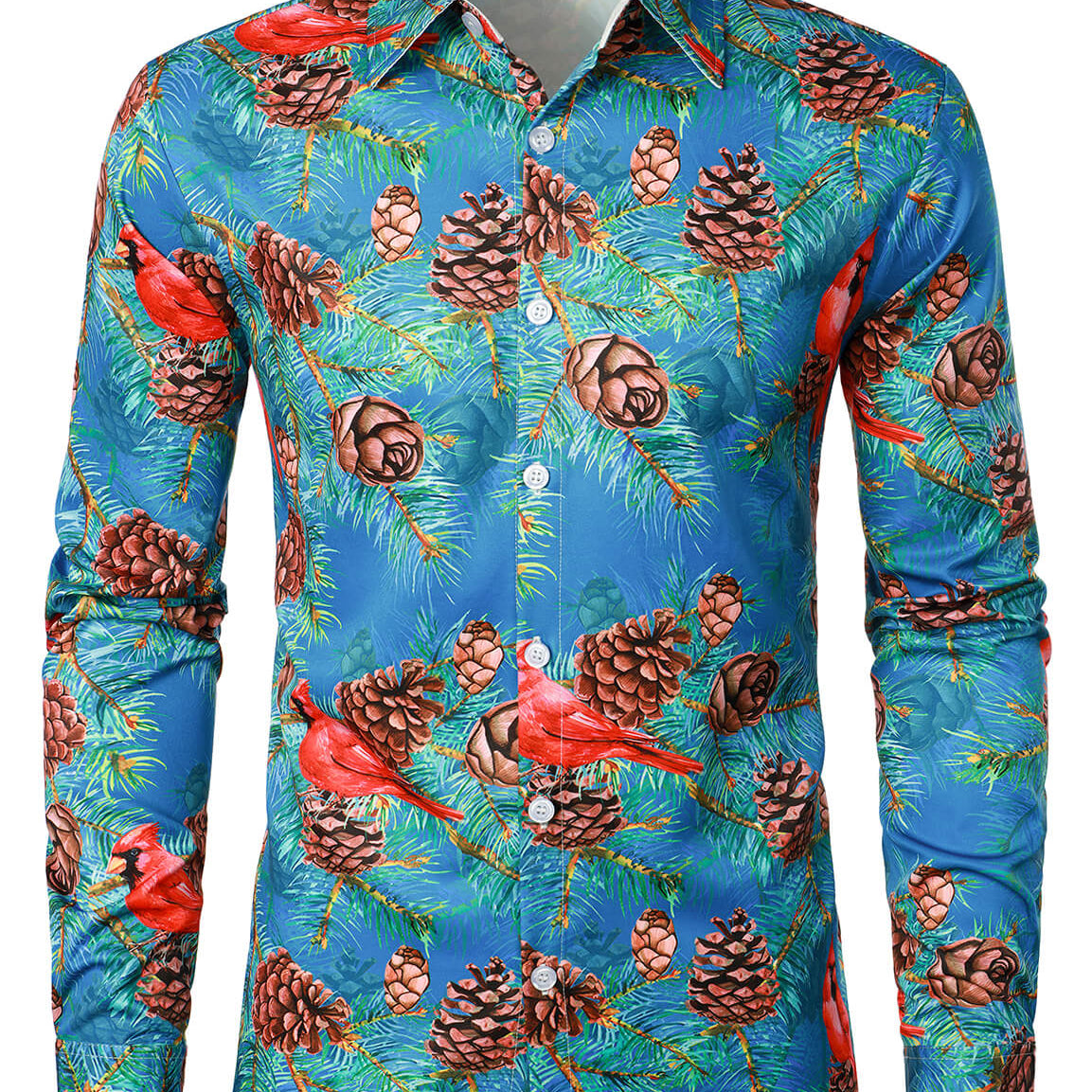 Camisa de vestir de manga larga con botones y estampado de pájaros de cardenales navideños para hombre