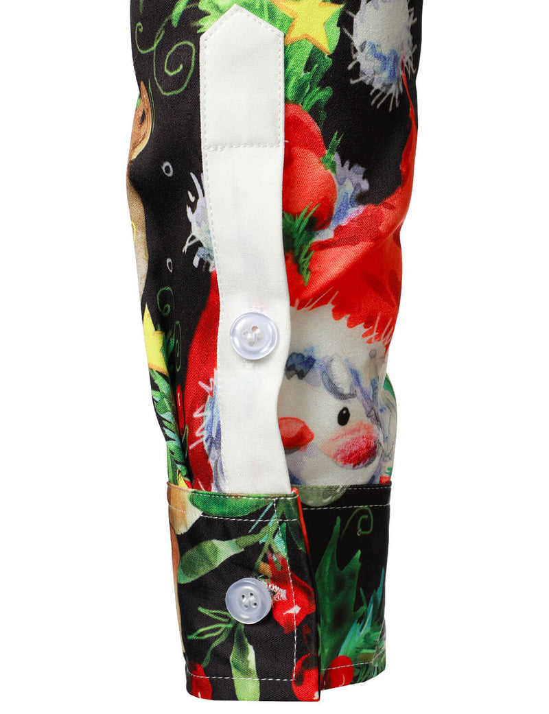 Men's Vintage Santa Reindeer Elk Christmas Tree Holiday Party Long Sleeve Button Up Shirt