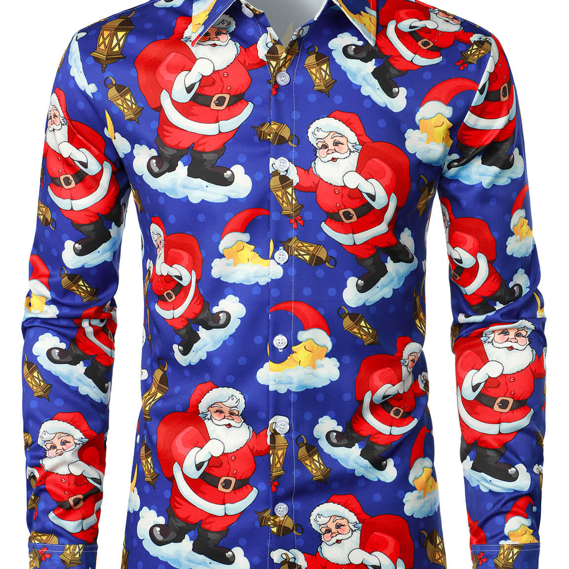 Camisa de manga larga azul de fiesta divertida con botones navideños de Papá Noel para hombre