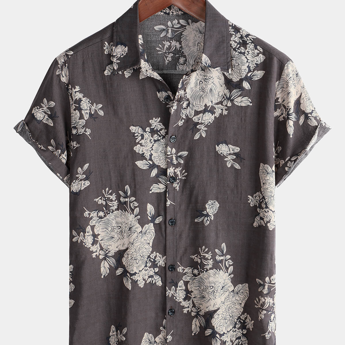 Men's Short Sleeve Floral Casual Cotton Button Up Shirt
