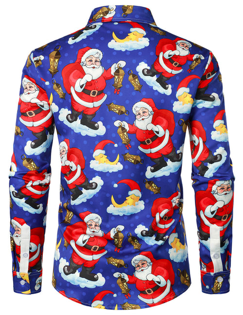 Men's Santa Claus Christmas Button Party Funny Holiday Blue Long Sleeve Shirt