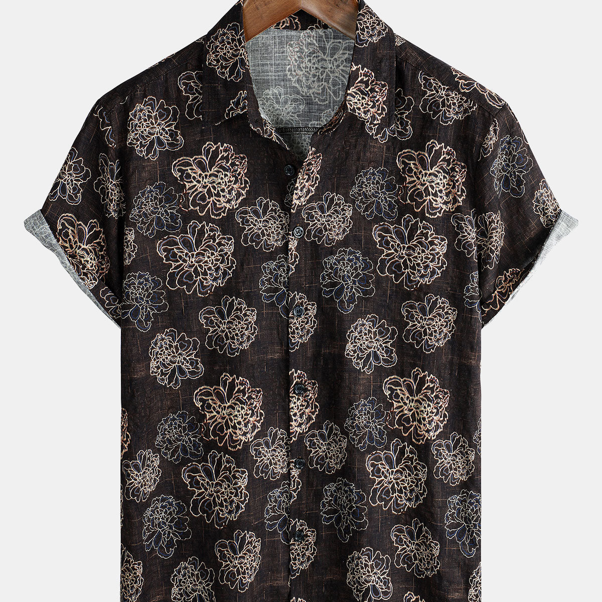 Men's Retro Brown Floral Holiday Camp Short Sleeve Button Up Shirt