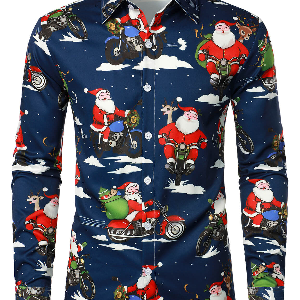 Camisa de manga larga divertida para fiesta con botones de regalos navideños de Papá Noel para hombre