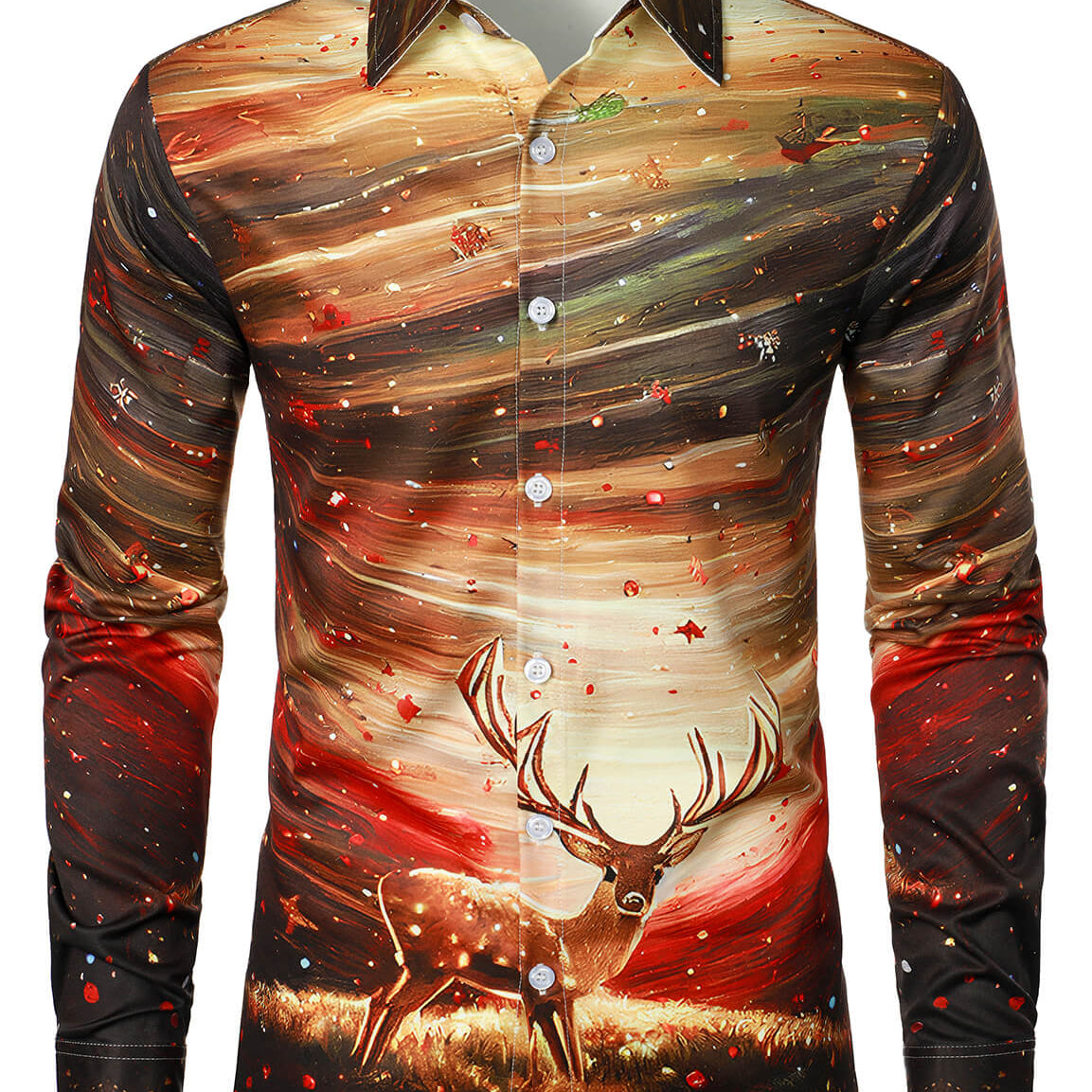 Camisa de manga larga con botones y estampado brillante de renos navideños para hombre