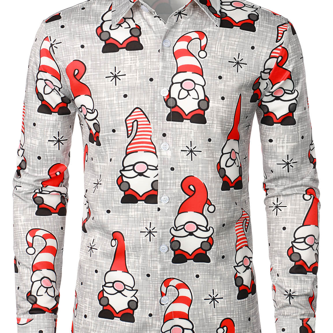 Men's Christmas Holiday Cute Gnome Print Funny Button Up Long Sleeve Shirt