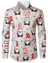 Men's Christmas Holiday Cute Gnome Print Funny Button Up Long Sleeve Shirt