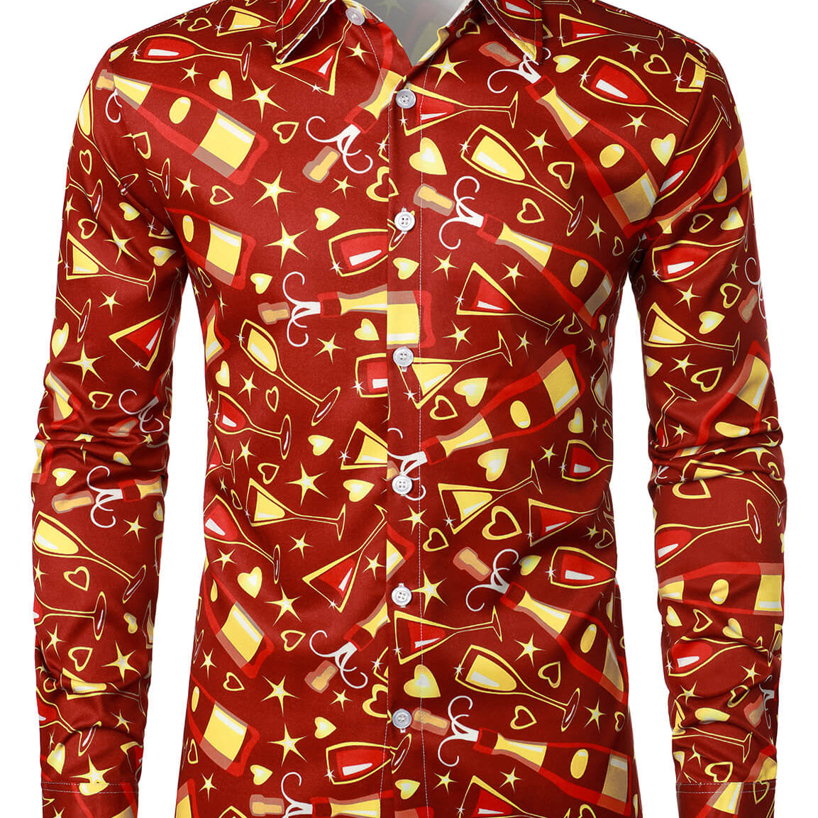 Men's Party Funny Holiday Christmas Champagne Cocktails New Year Eve Red Long Sleeve Shirt