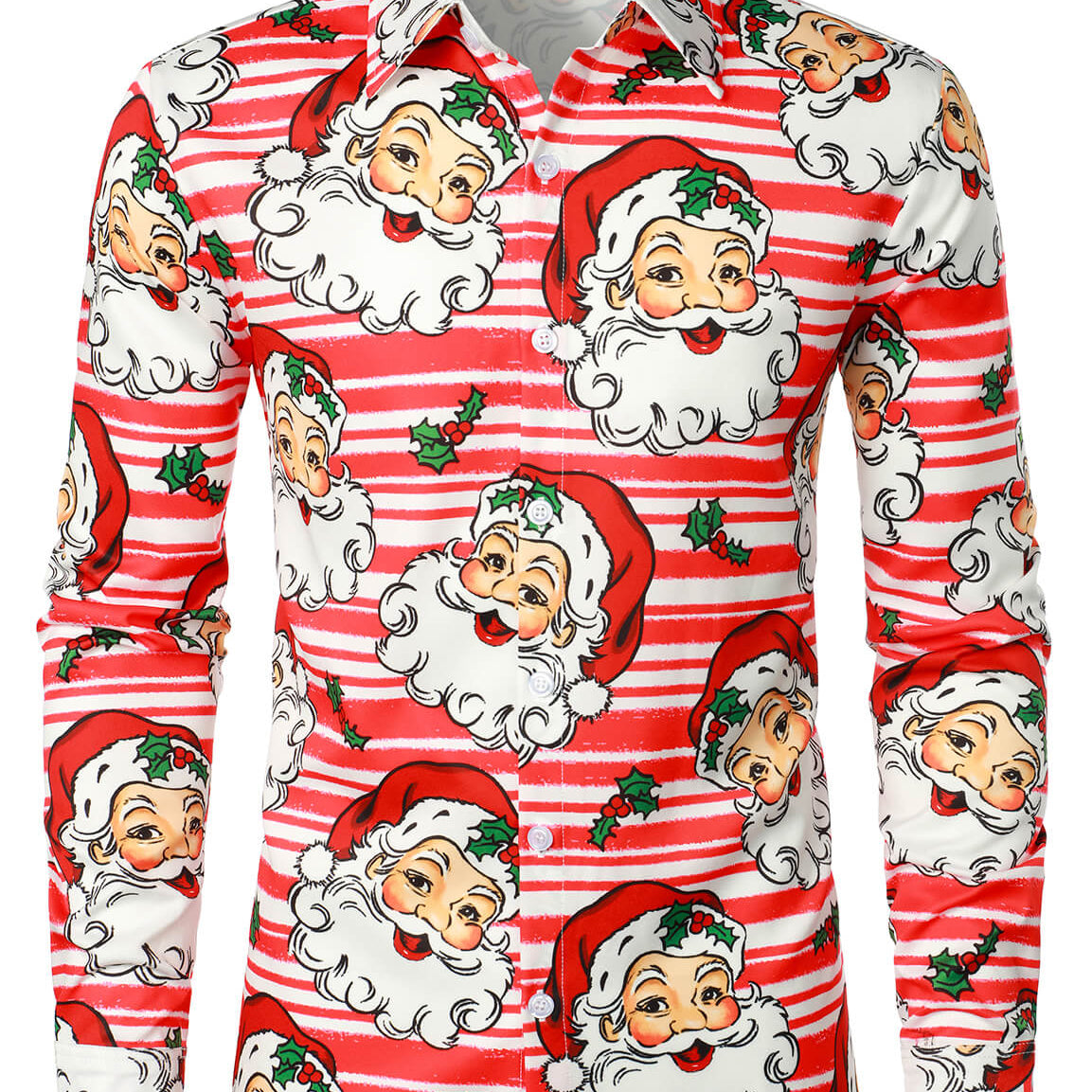Men's Christmas Santa Claus Holiday Button Up Red Striped Long Sleeve Shirt
