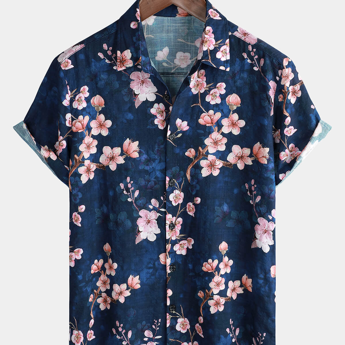 Men's Casual Cherry Blossoms Floral Holiday Beach Short Sleeve Button Up Shirt