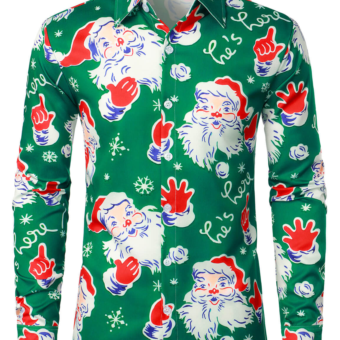 Camisa de manga larga verde con botones navideños y copos de nieve de Papá Noel con temática navideña para hombre