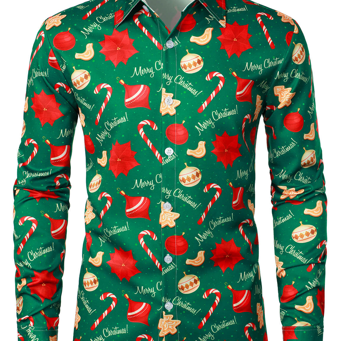 Camisa de vestir de manga larga con botones y estampado de caramelos de árbol de Navidad verde para hombre