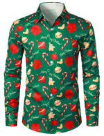 Men's Green Merry Christmas Tree Candy Print Button Long Sleeve Dress Shirt