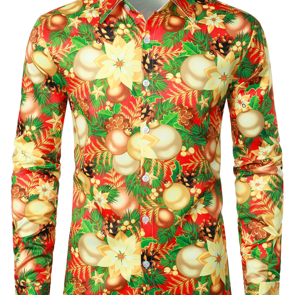 Camisa de manga larga con botones brillantes y estampado floral para fiesta navideña para hombre