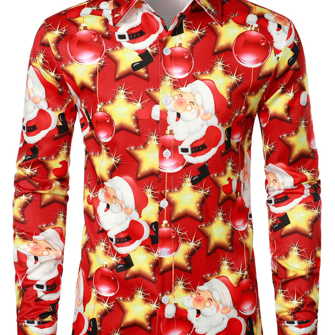 Camisa de manga larga divertida para fiesta de Navidad con estrellas brillantes de Papá Noel para hombre