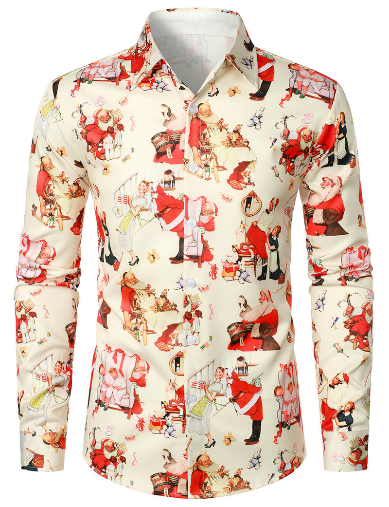 Men's Christmas Santa Claus Gift Holiday Button Up Vintage Long Sleeve Shirt