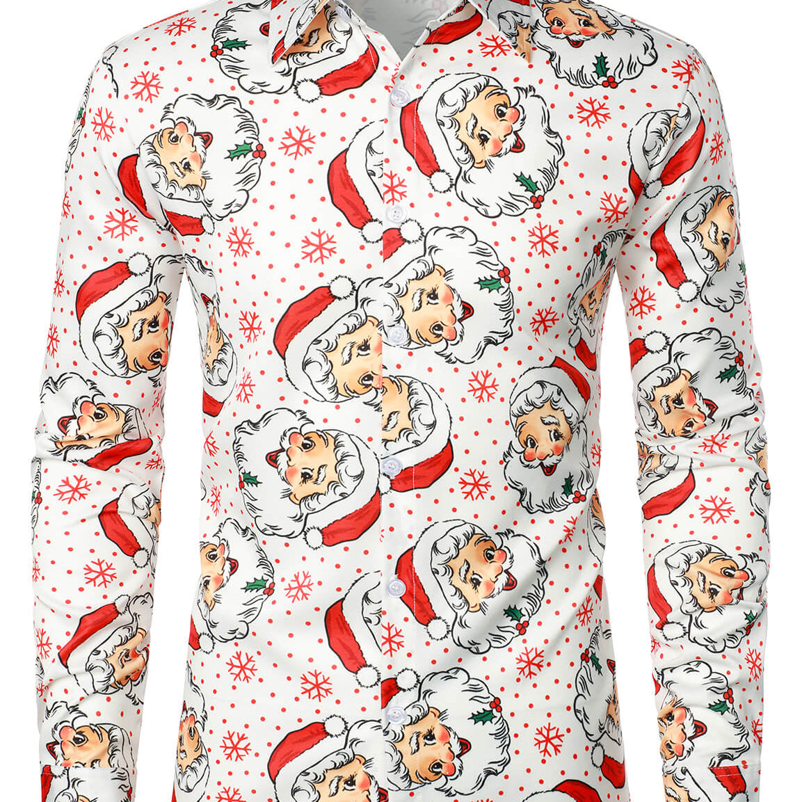 Camisa blanca de manga larga con botones navideños y estampado navideño de Papá Noel para hombre