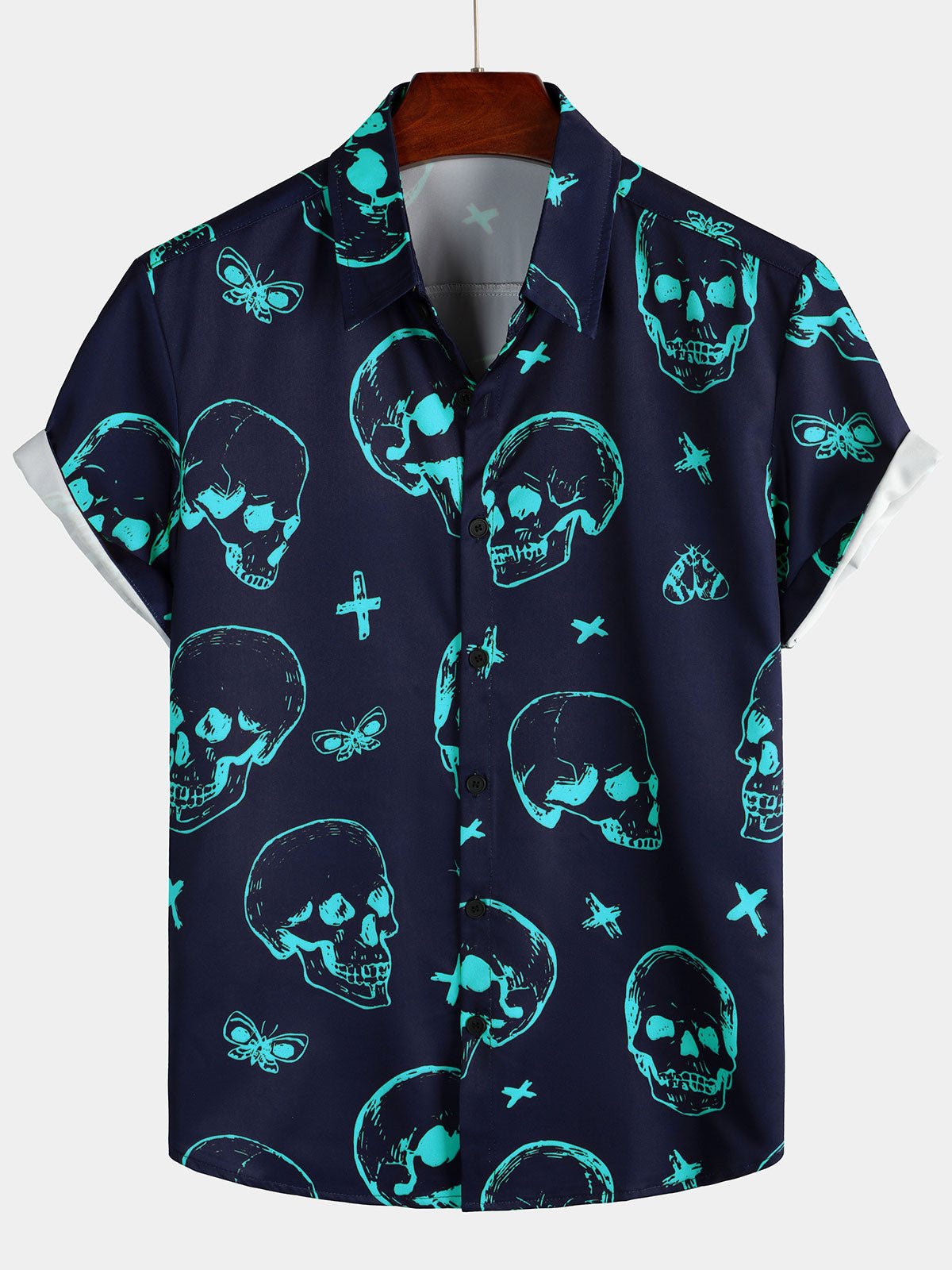 Men's Blue Skull Print Art Graphic Button Short Sleeve Aloha Hawaiian Shirt