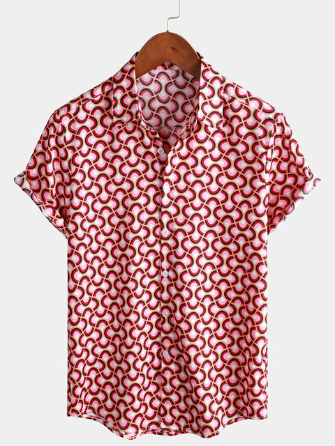 Vintage Wavlynn Mens Short Sleeve Cotton Shirt With Pockets Red Button Print Retro Casual Style main image 0