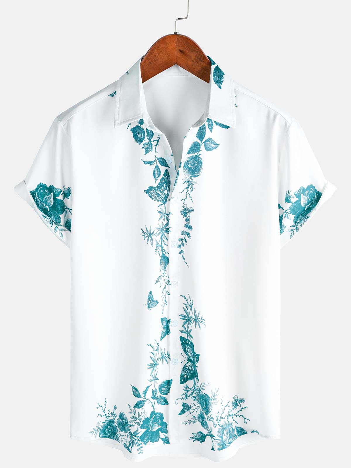 Men's Green Floral Print Hawaiian Button Up Summer Beach Casual Collar Short Sleeve Shirt