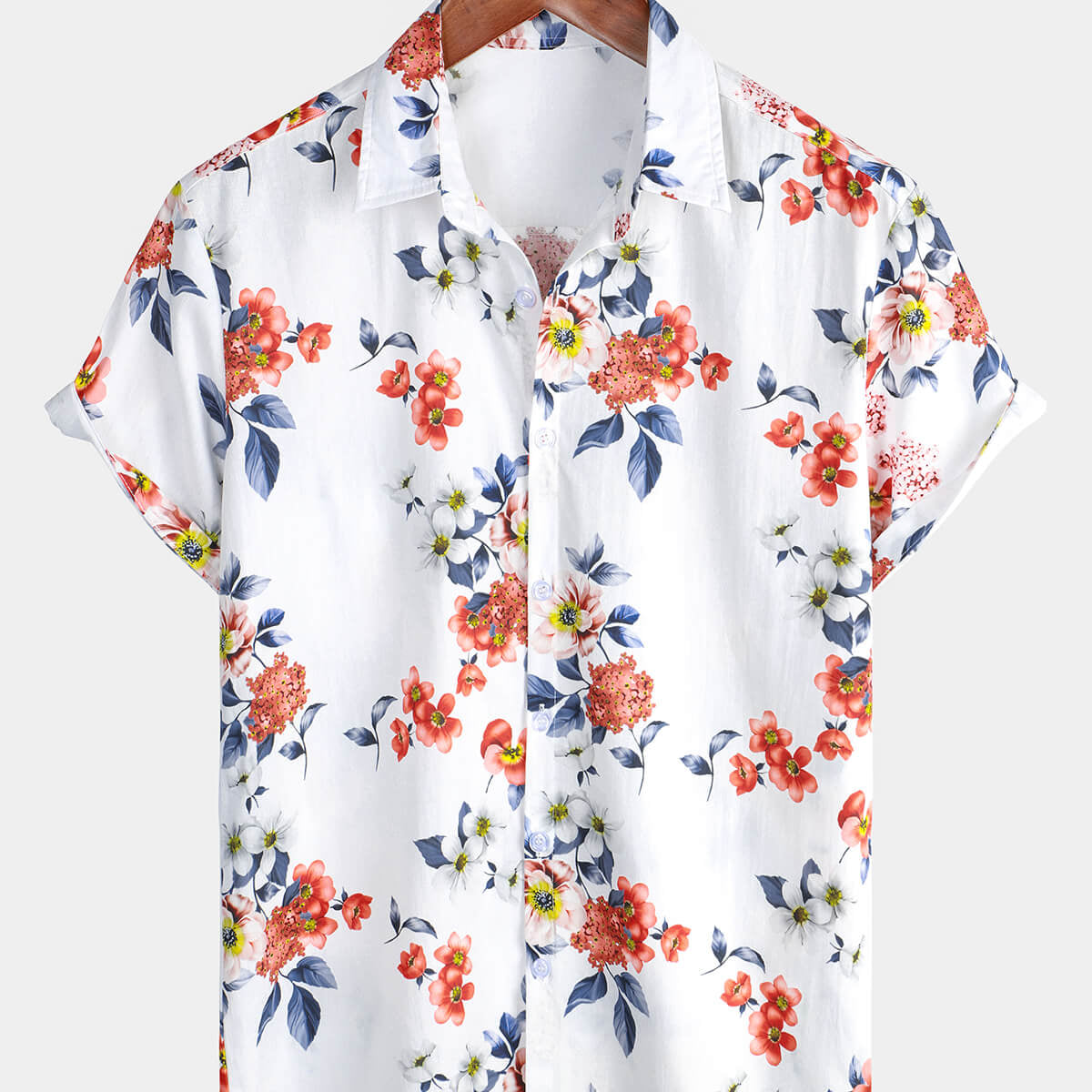 Men's Floral White Hawaiian Cotton Beach Holiday Short Sleeve Shirt