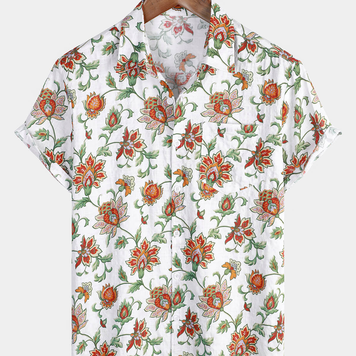 Men's Floral Vintage White Hawaiian Cotton Shirt