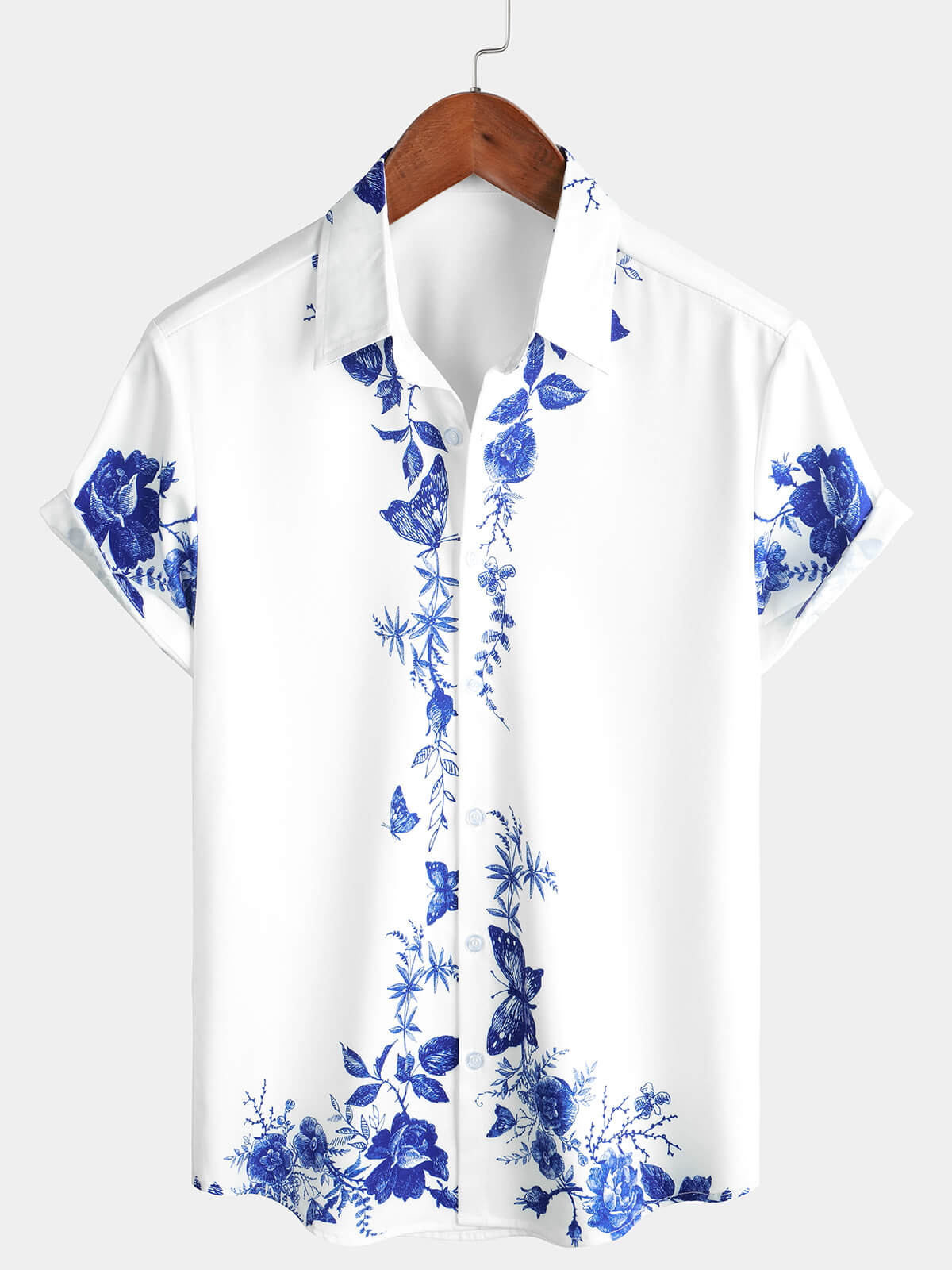 Men's Blue Floral Print Hawaiian Button Up Summer Beach Casual Collar Short Sleeve Shirt