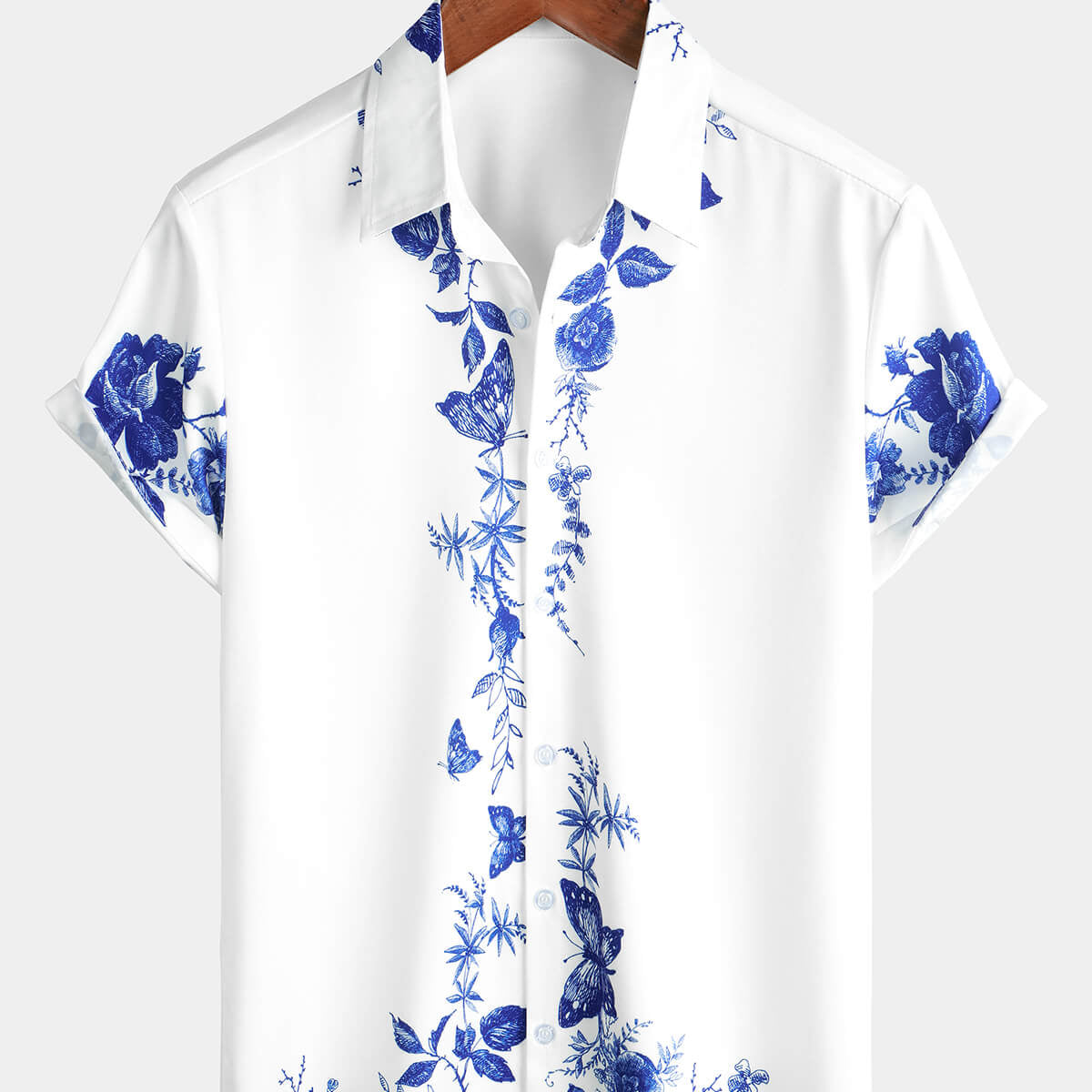 Camisa de manga corta con cuello informal de playa de verano con botones hawaianos con estampado floral azul para hombre