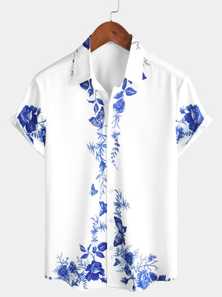 Men's Blue Floral Print Hawaiian Button Up Summer Beach Casual Collar Short Sleeve Shirt