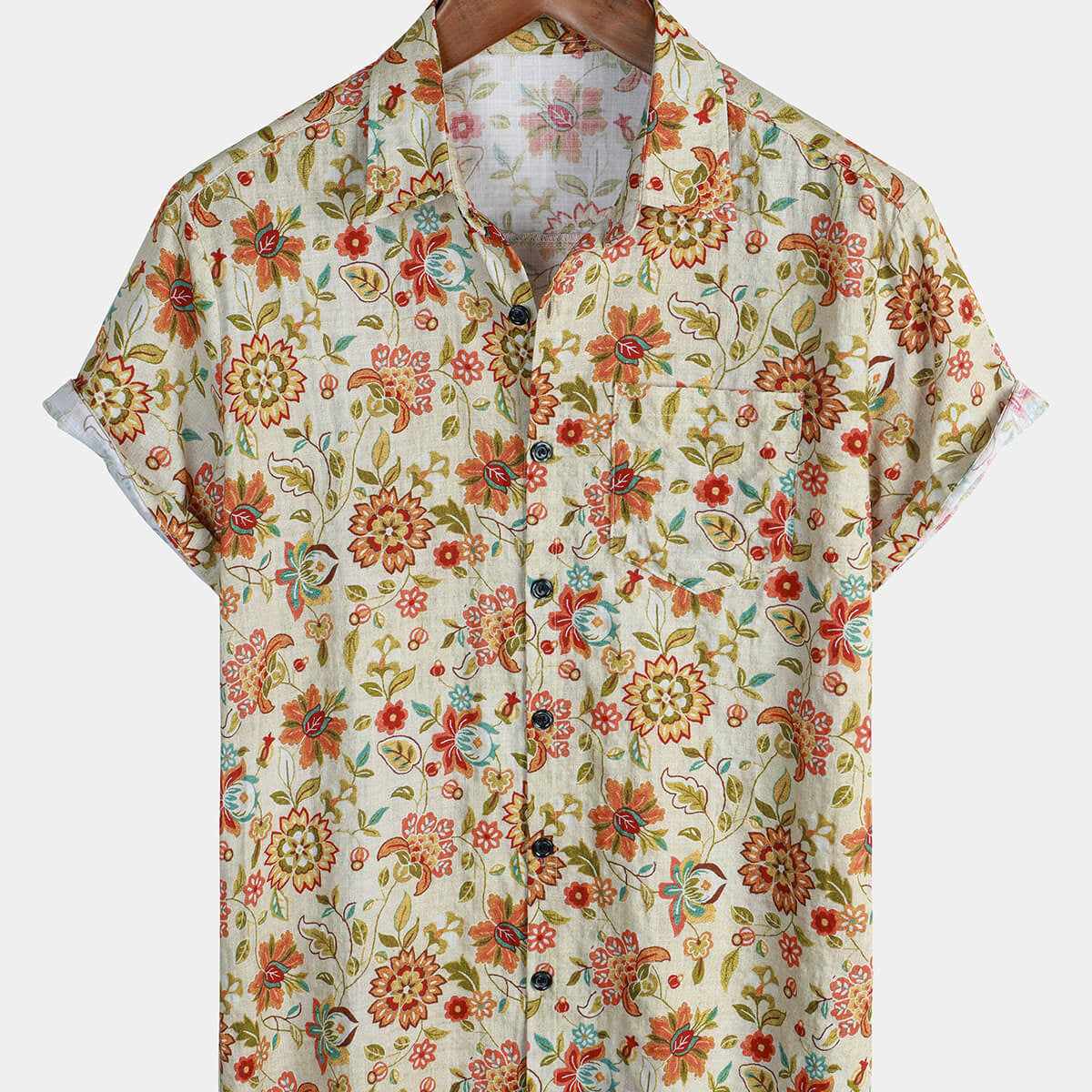 Men's Vintage Floral Hawaiian Short Sleeve Button Up Summer Cotton Shirt
