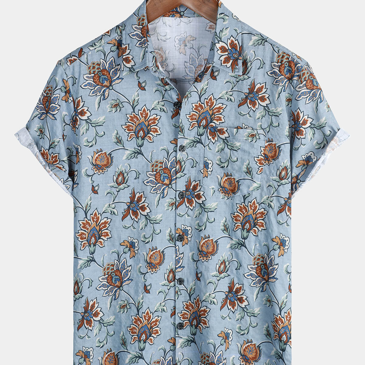 Men's Blue Floral Holiday Cotton Hawaiian Button Up Summer Shirt