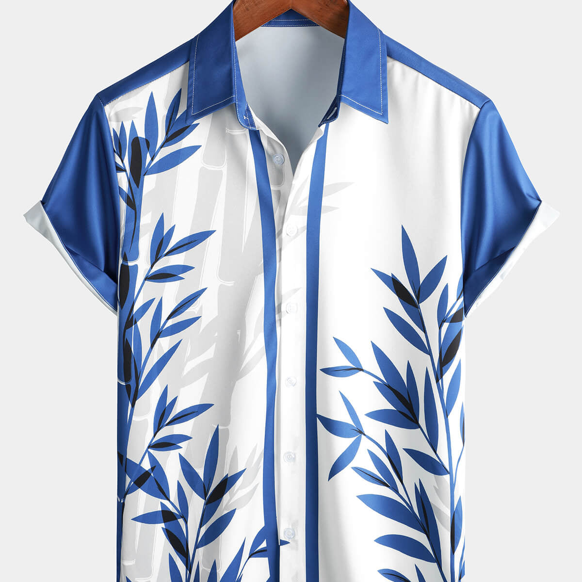 Camisa de manga corta de verano con botones hawaianos con estampado de bambú azul informal para hombre
