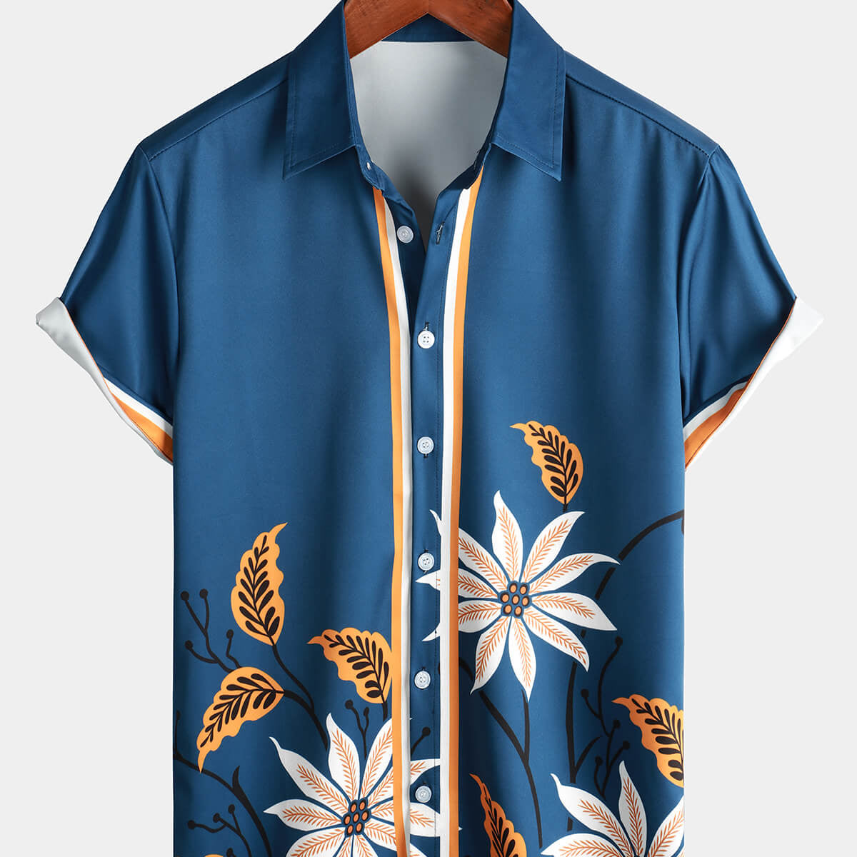 Camisa de manga corta para vacaciones de verano en la playa con botones azules y estampado floral para hombre