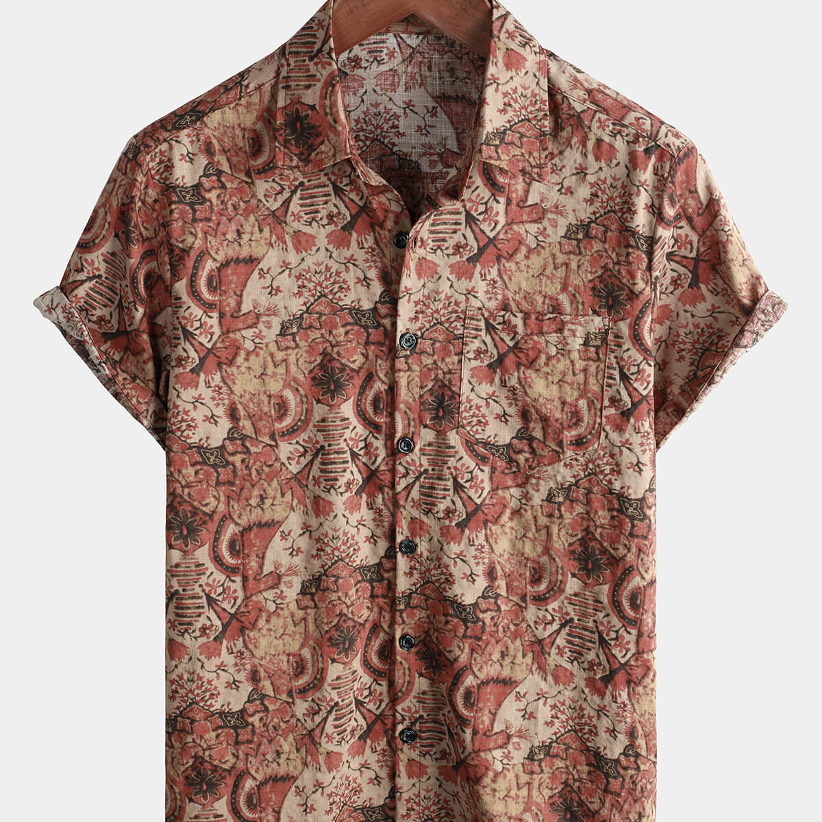 Men's Retro Brown Short Sleeve Cotton Beach Shirt