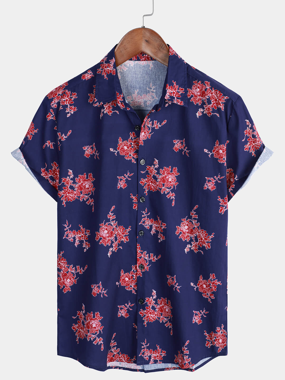 Men's Blue Floral Hawaiian Flower Print Short Sleeve Shirt