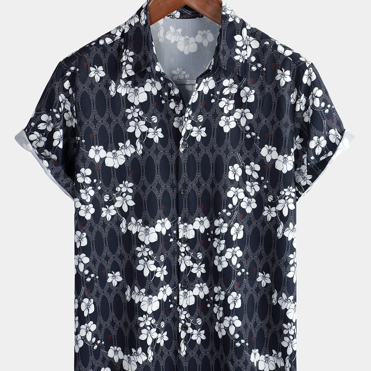 Men's Cherry Blooms Floral Holiday Navy Blue Short Sleeve Button Up Shirt