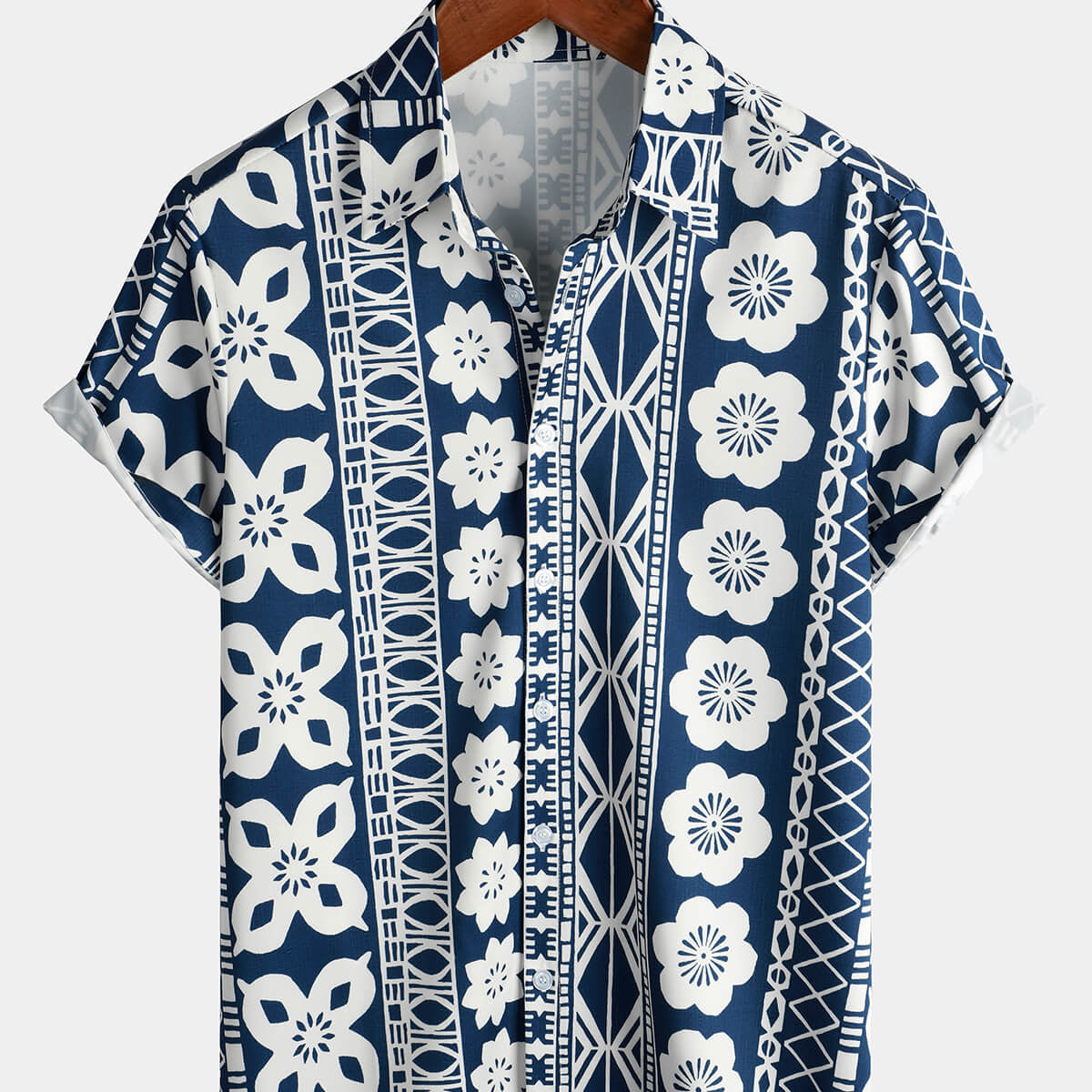 Camisa de manga corta de verano con botones vintage y estampado de rayas florales para hombre